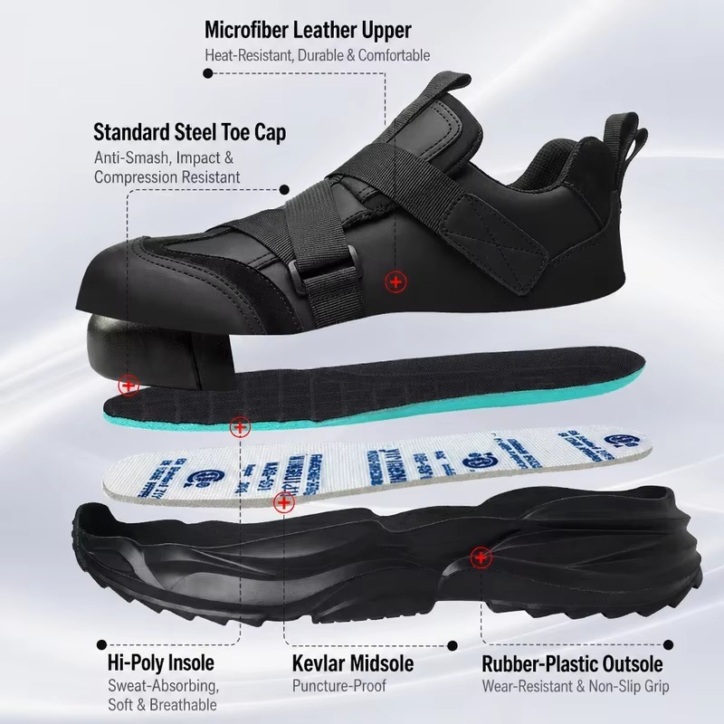 Microfiber Leather Steel Toe Safety Shoes for Men Hook & Loop Straps Slip & Puncture Resistant Mining Construction