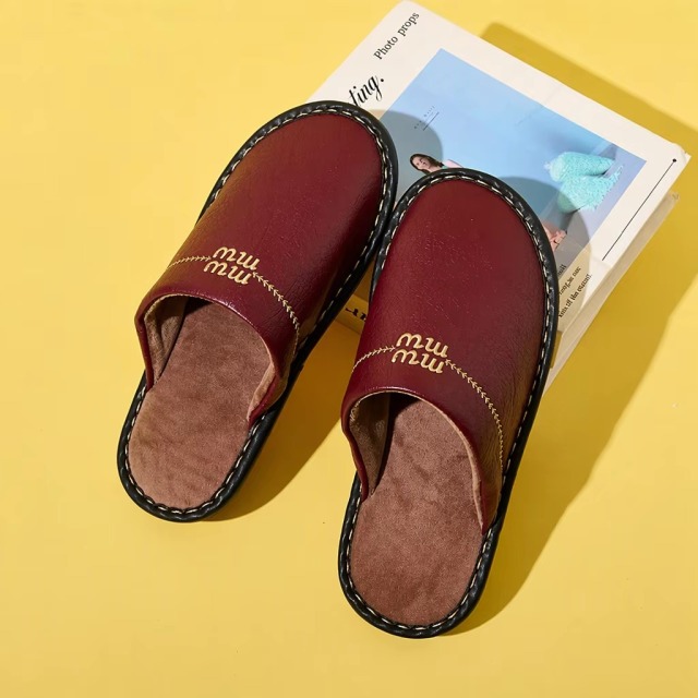 New Autumn/winter Japanese-style Cowhide Leather-toe Slippers Indoor Home Couples Warm Fleece-lined Thickened Slippers