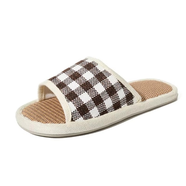 New Japanese Korean Style Linen Slippers for Suitable Indoor All Seasons Featuring Plaid Pattern Silent Non-slip Design Slippers
