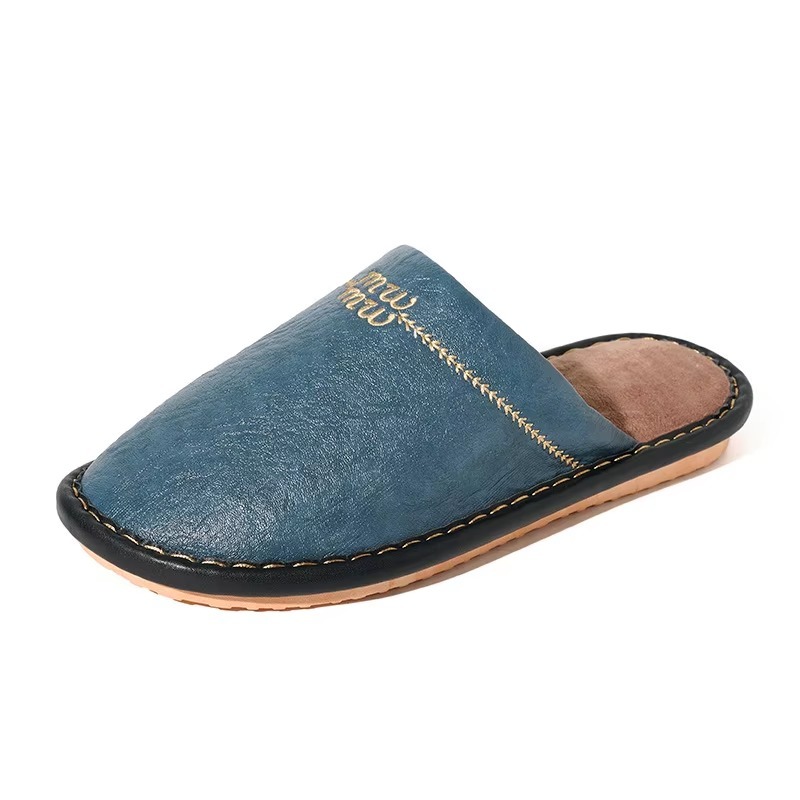 New Autumn/winter Japanese-style Cowhide Leather-toe Slippers Indoor Home Couples Warm Fleece-lined Thickened Slippers