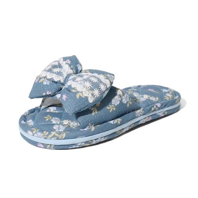 Korean Style Indoor Slippers Ladies Floral Bow Ribbon Lace Detail Three Layer Sole Grip Dot Anti Skid Washable OEM