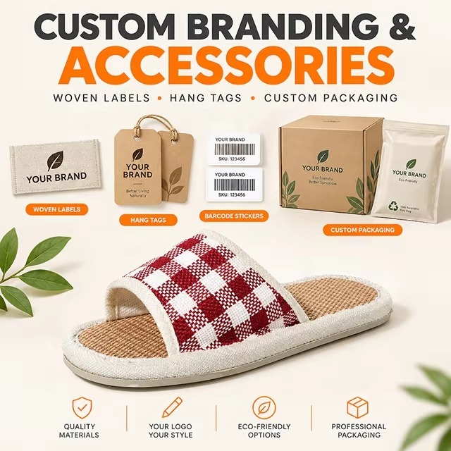 New Japanese Korean Style Linen Slippers for Suitable Indoor All Seasons Featuring Plaid Pattern Silent Non-slip Design Slippers