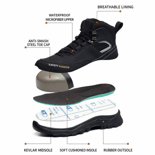 Microfiber Leather Mens Safety Shoes Steel Toe Slip & Puncture Resistant High Work Boots for Construction Mining