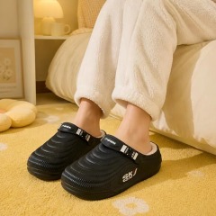 Winter Sports Slipper Fleece Lined Ribbed Knit Collar Side Release Buckle Anti Slip Chunky Sole EVA Clogs Indoor Outdoor