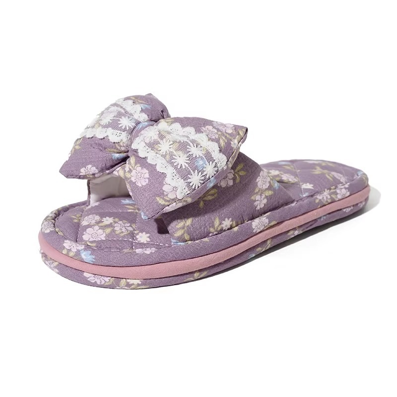 Korean Style Indoor Slippers Ladies Floral Bow Ribbon Lace Detail Three Layer Sole Grip Dot Anti Skid Washable OEM
