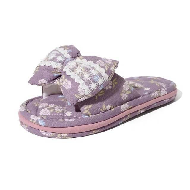 Korean Style Indoor Slippers Ladies Floral Bow Ribbon Lace Detail Three Layer Sole Grip Dot Anti Skid Washable OEM