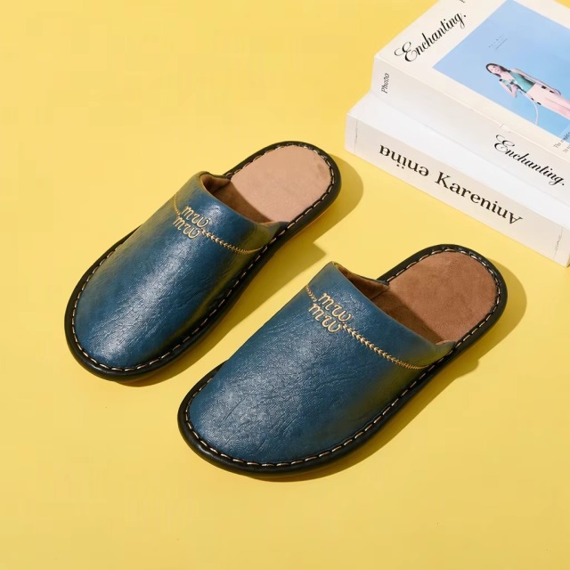 New Autumn/winter Japanese-style Cowhide Leather-toe Slippers Indoor Home Couples Warm Fleece-lined Thickened Slippers