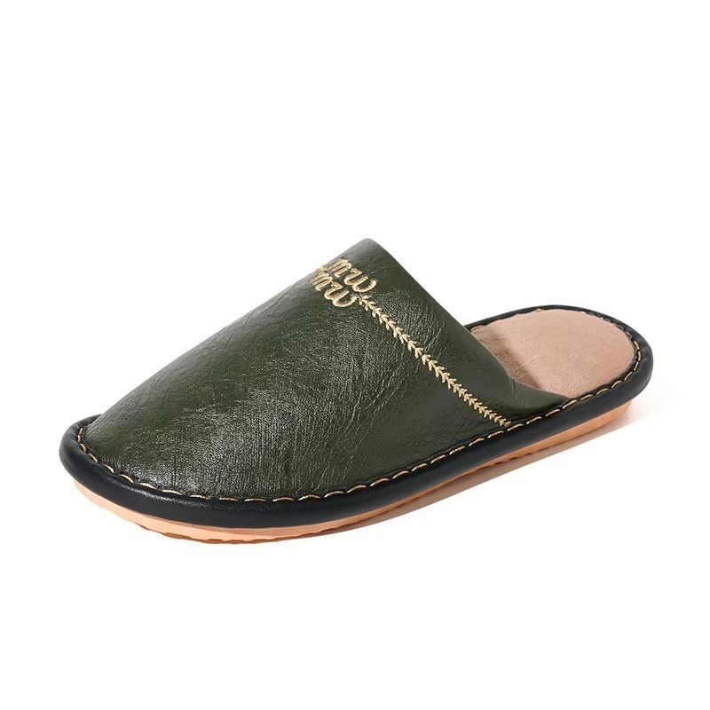 New Autumn/winter Japanese-style Cowhide Leather-toe Slippers Indoor Home Couples Warm Fleece-lined Thickened Slippers