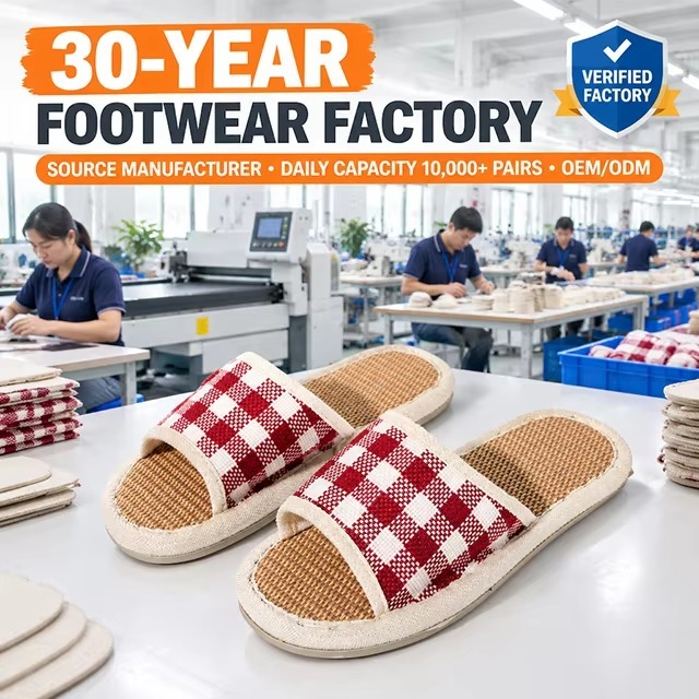 New Japanese Korean Style Linen Slippers for Suitable Indoor All Seasons Featuring Plaid Pattern Silent Non-slip Design Slippers