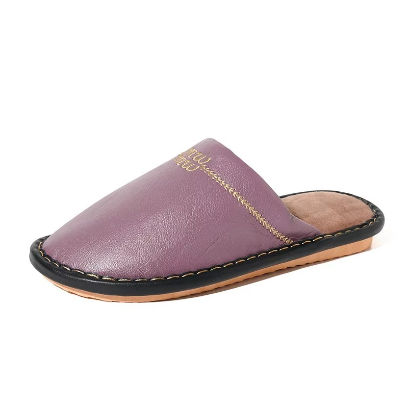 New Autumn/winter Japanese-style Cowhide Leather-toe Slippers Indoor Home Couples Warm Fleece-lined Thickened Slippers