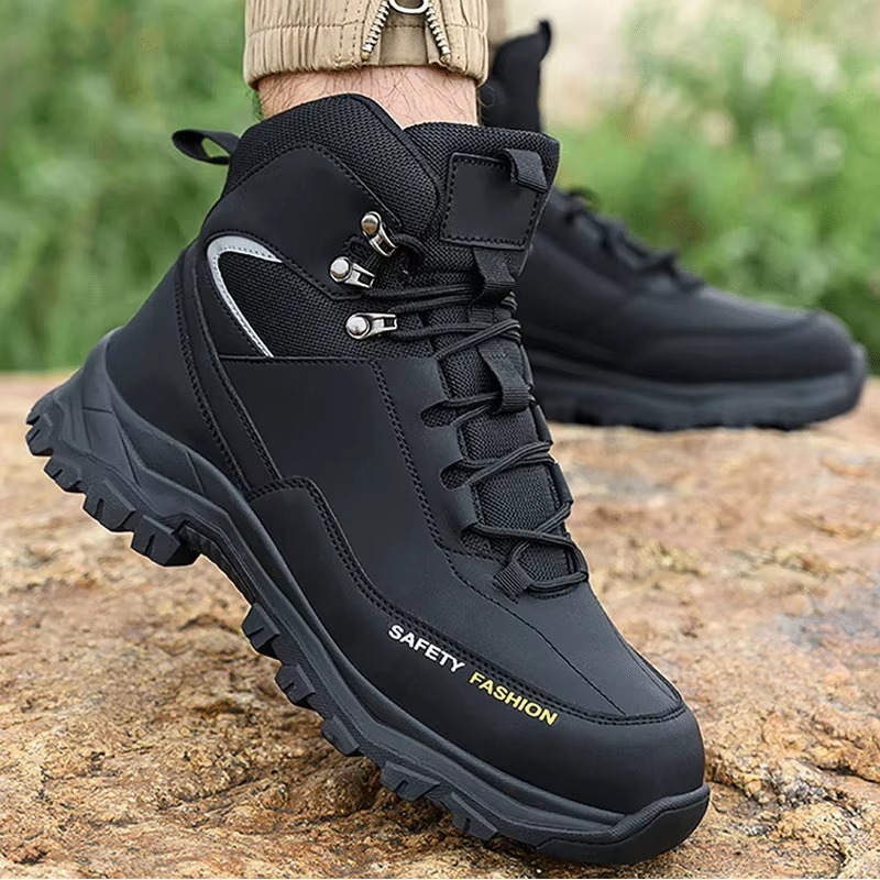 Microfiber Leather Mens Safety Shoes Steel Toe Slip & Puncture Resistant High Work Boots for Construction Mining