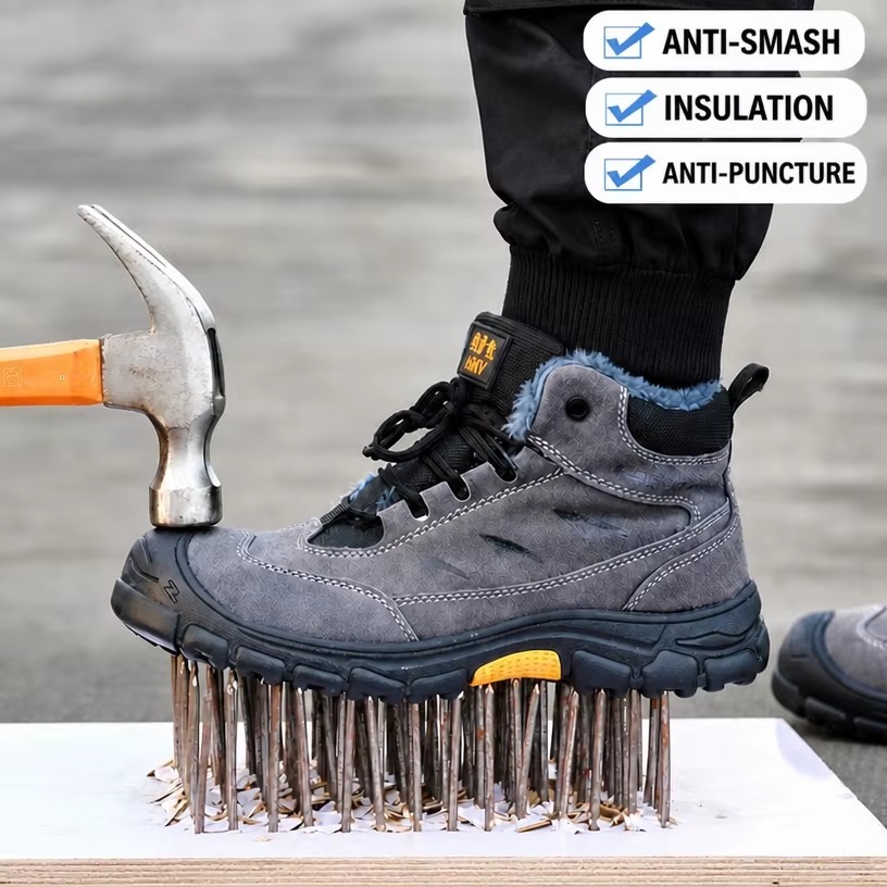 Suede Leather Safety Shoes Slip-Resistant Rubber Sole Kevlar Mid-sole Plastic Coated Steel Toe Cap Insulated Work Shoes