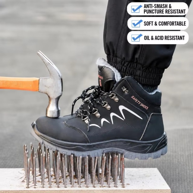 Fleece Lined Safety Shoes Steel Toe Cap Anti-Puncture Acid Alkali-Resistant Dual Density PU Sole for Construction