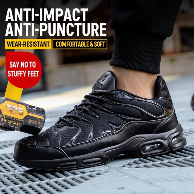 Lightweight Mesh Upper Steel Toe Safety Shoes for Autumn Men's Stretchable Slip & Puncture Resistant Construction Work Shoes