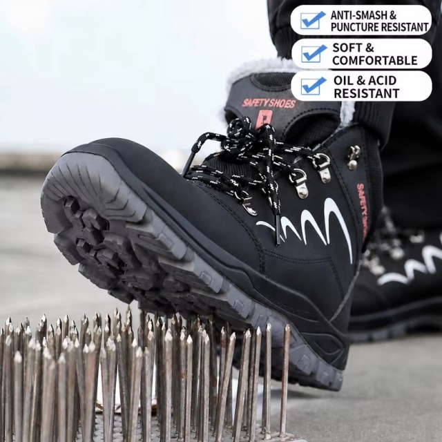 Fleece Lined Safety Shoes Steel Toe Cap Anti-Puncture Acid Alkali-Resistant Dual Density PU Sole for Construction