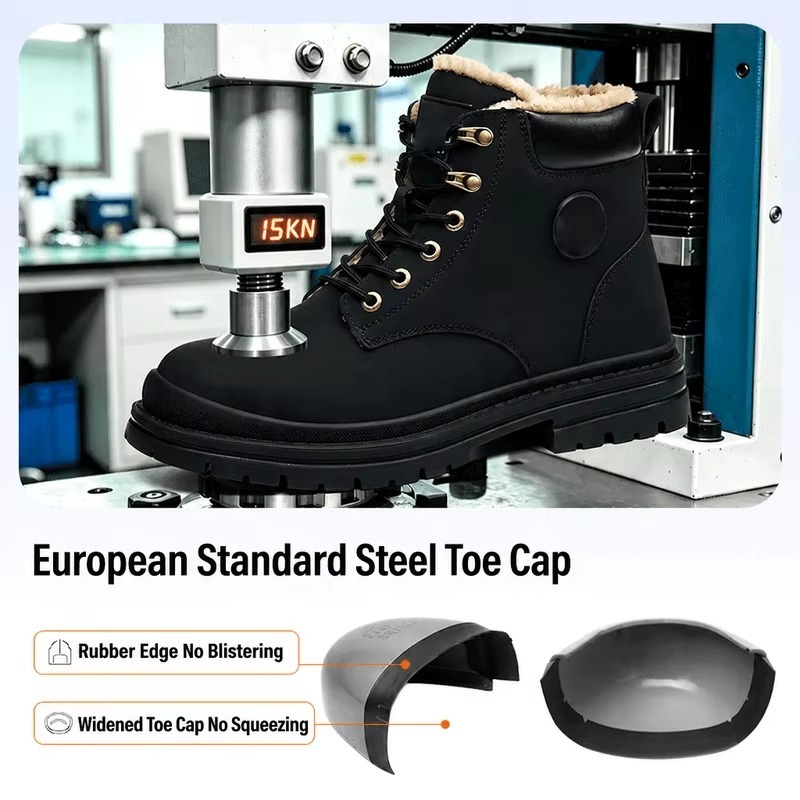 Men's Steel Toe Safety Shoes Warm Plush Lining Winter Slip & Puncture Resistant Work Boots for Factory & Job Site