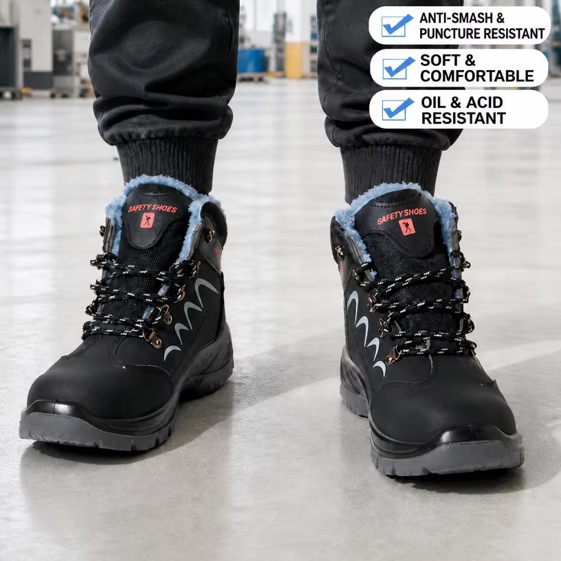 Fleece Lined Safety Shoes Steel Toe Cap Anti-Puncture Acid Alkali-Resistant Dual Density PU Sole for Construction
