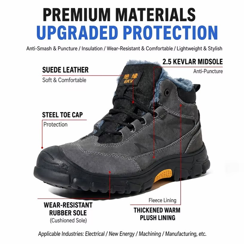 Suede Leather Safety Shoes Slip-Resistant Rubber Sole Kevlar Mid-sole Plastic Coated Steel Toe Cap Insulated Work Shoes