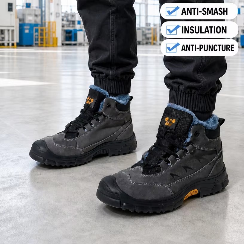 Suede Leather Safety Shoes Slip-Resistant Rubber Sole Kevlar Mid-sole Plastic Coated Steel Toe Cap Insulated Work Shoes