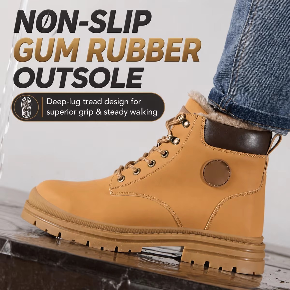 Men's Steel Toe Safety Shoes Warm Plush Lining Winter Slip & Puncture Resistant Work Boots for Factory & Job Site