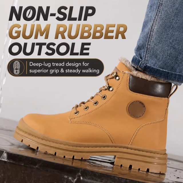 Men's Steel Toe Safety Shoes Warm Plush Lining Winter Slip & Puncture Resistant Work Boots for Factory & Job Site