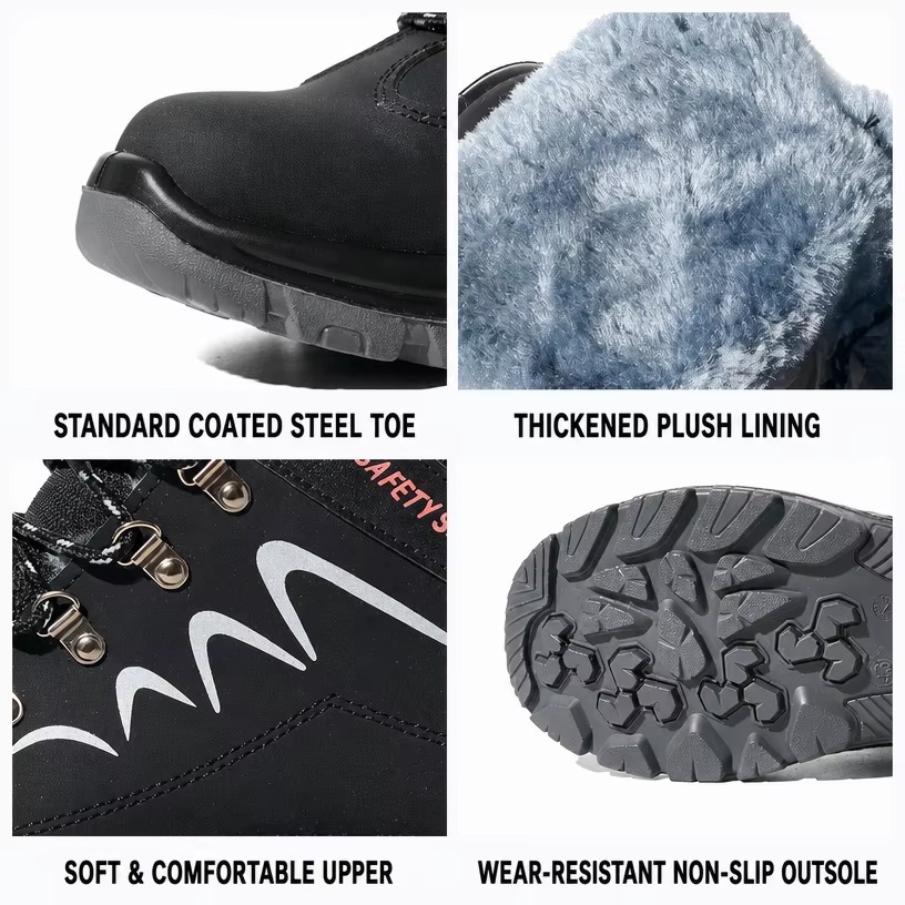 Fleece Lined Safety Shoes Steel Toe Cap Anti-Puncture Acid Alkali-Resistant Dual Density PU Sole for Construction