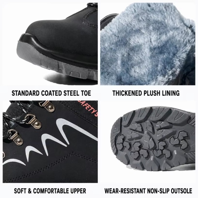 Fleece Lined Safety Shoes Steel Toe Cap Anti-Puncture Acid Alkali-Resistant Dual Density PU Sole for Construction