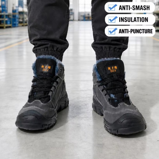 Suede Leather Safety Shoes Slip-Resistant Rubber Sole Kevlar Mid-sole Plastic Coated Steel Toe Cap Insulated Work Shoes