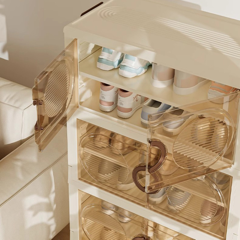 Zapatero plegable de 5 niveles con divisores, modelo 2931 de Tumey, con capacidad para 27 pares de zapatos, zapatero plegable para guardarropa, caja de almacenamiento de zapatos plegable, caja de zapatos apilable transparente con puertas, fácil de ensambl