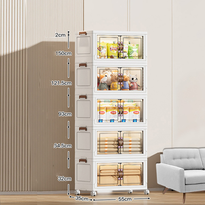 TUMEY-265 1 pieza Armario de almacenamiento plegable de 55 cm de ancho, caja plegable de doble puerta, armario de almacenamiento con ruedas de doble puerta opcional de 2 a 5 capas, estante de almacenamiento de juguetes para ropa para el hogar/niños