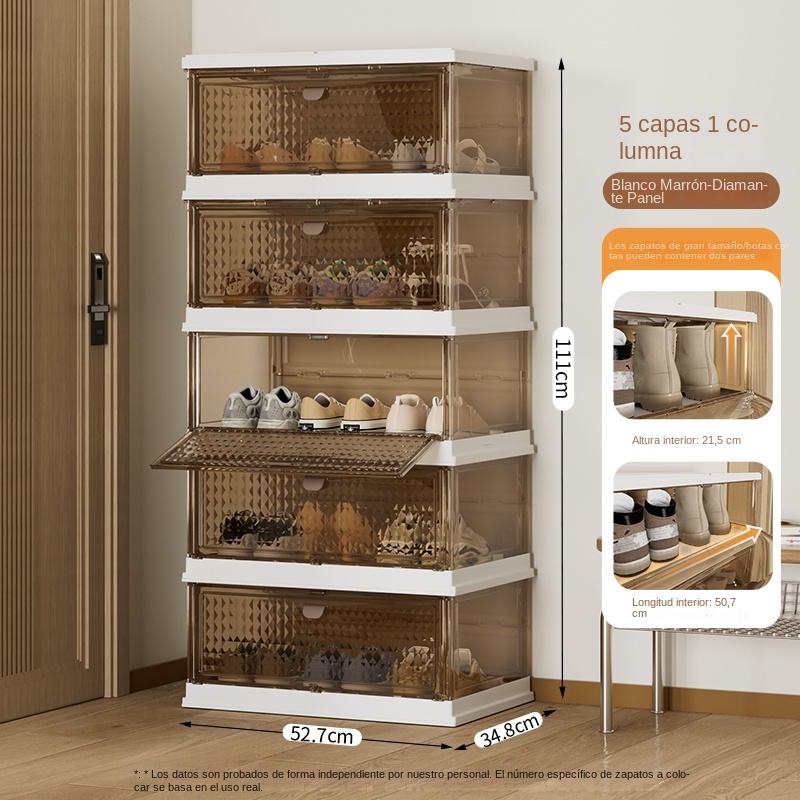 TUMEY-T-DF028-5 Caja de zapatos apilable de 5 capas, caja de zapatos a prueba de polvo con bloque de diamante marrón engrosado, adecuada para el almacenamiento de exhibición de zapatos del hogar del dormitorio, puede contener 15 pares de zapatos