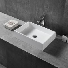 Hochwertiger Großhandel mit einzigartigem Design, rechteckig, über der Arbeitsplatte, Kunststein-Badezimmerwaschbecken XA-A16