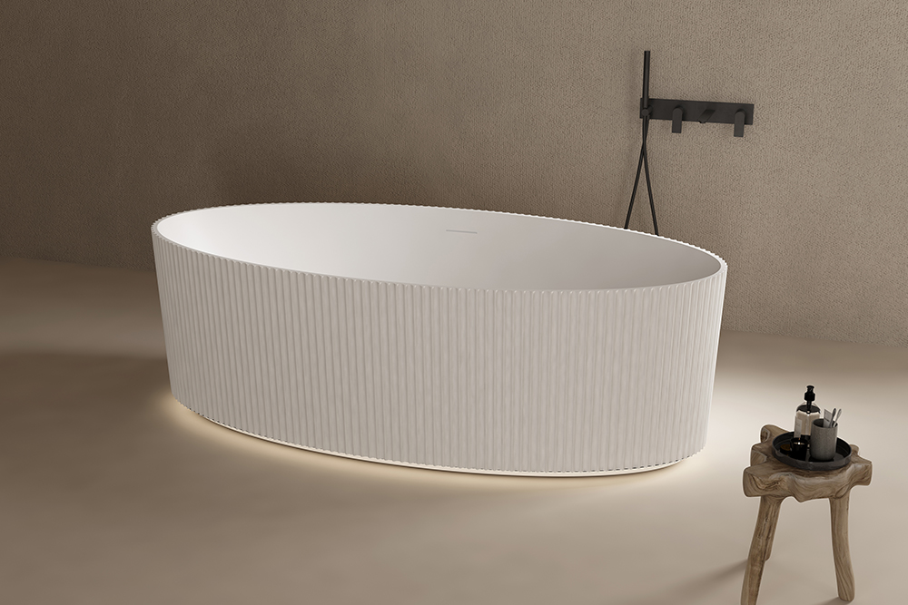 Oval Vertical line Freestanding Artificial Stone Solid Surface Bathtub With Lights TW-8687