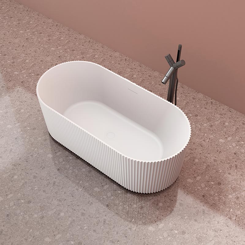 Lieferant Oval geriffelte vertikale Linie Badewanne aus Kunststein und Waschbecken mit fester Oberfläche Komplettset TW-8681-Serie