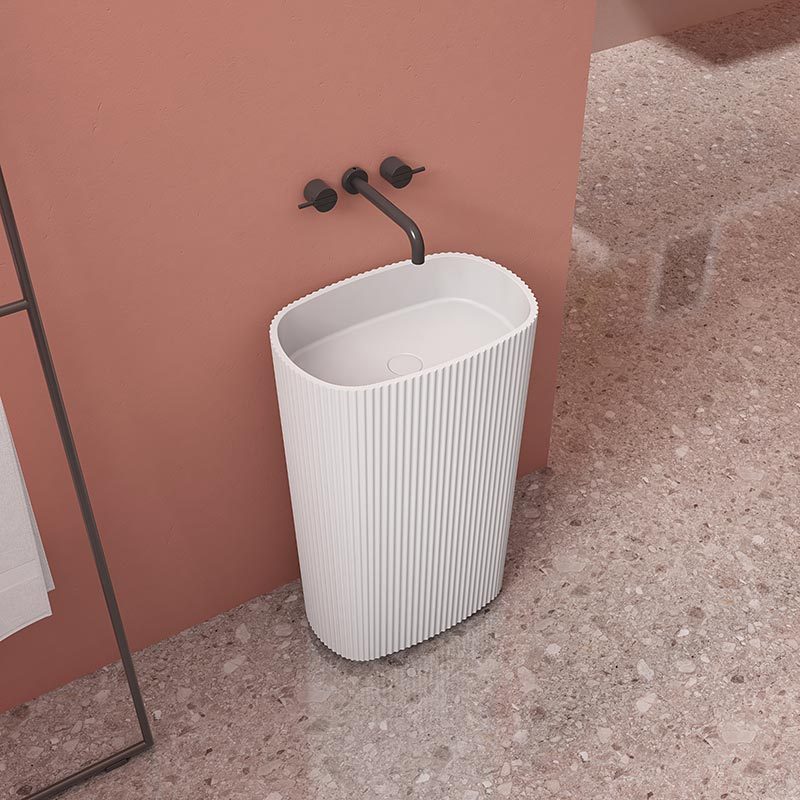 Hochwertiges, ovales, freistehendes Waschbecken mit geriffeltem Sockel im Großhandel, Badezimmer-Waschbecken TW-8681Z
