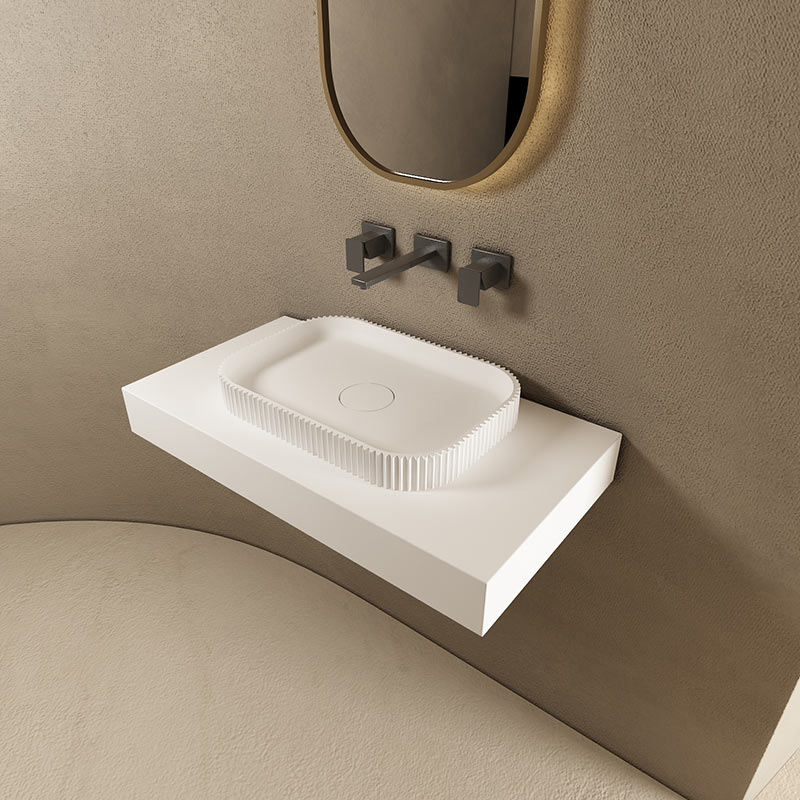 Manufacturer Vertical line Fluted Freestanding Artificial Stone Bathtub Solid Surface Wash Basin Bathroom Sink Rectangle Complete Set TW-8682 Series
