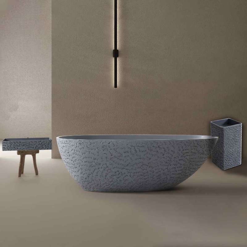 Wholesale Price Oval Freestanding Artificial Stone Bathtub Solid Surface Wash Basin Bathroom Sink Textured Stone Complete Set TW-8806 Series