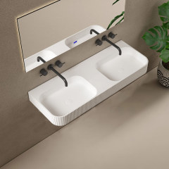 Wholesale High End Quality Wall-Mount Hung Solid Surface Fluted Wash Basin Groove Double Bathroom Sink TW-8686G