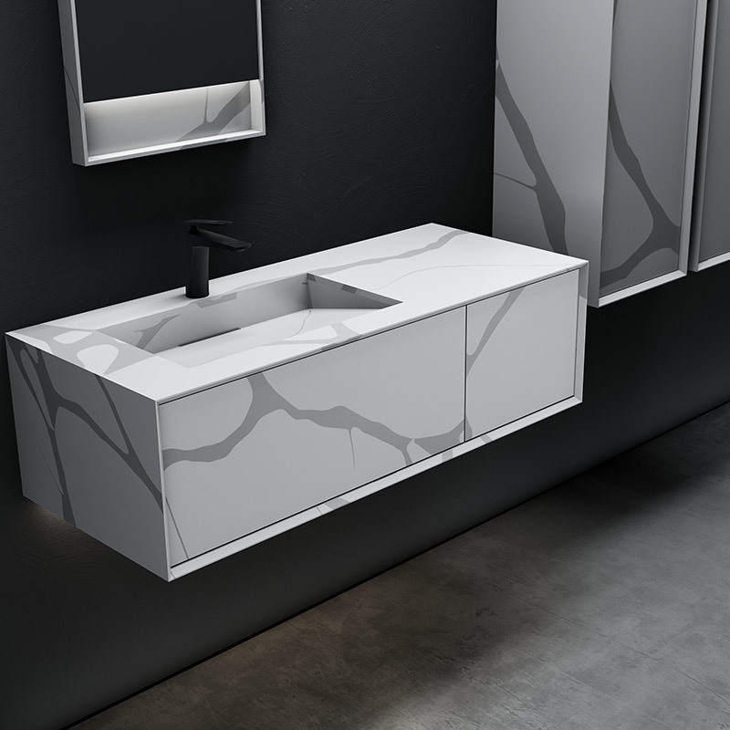 Wholesale Fashion Wall Mounted Marble Texture Pattern Solid Surface Bathroom Vanity Unit TW-5823