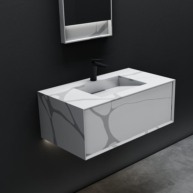 Hochwertiger, wandmontierter Badezimmer-Waschtisch mit Marmor-Texturmuster und fester Oberfläche im Großhandel TW-5821