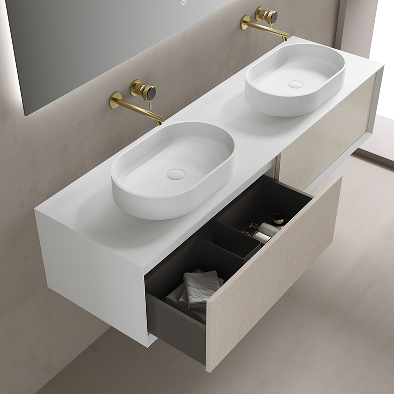 Factory Supply Quality Assurance Double Counter Top Sink Floating Bathroom Cabinet TW-2202