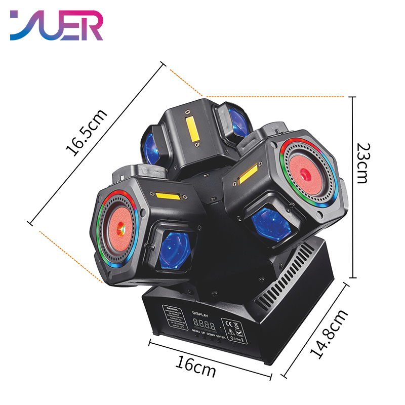 YUER 9x10W RGBW 4in1 +9x10W Strobe +2 Red 1 Green Laser  3 Arm Moving Head Light With Ring Beam Laser Strobe Effect DMX512 Remote Control For DJ Disco Club Wedding Party Bar Stage Lighting