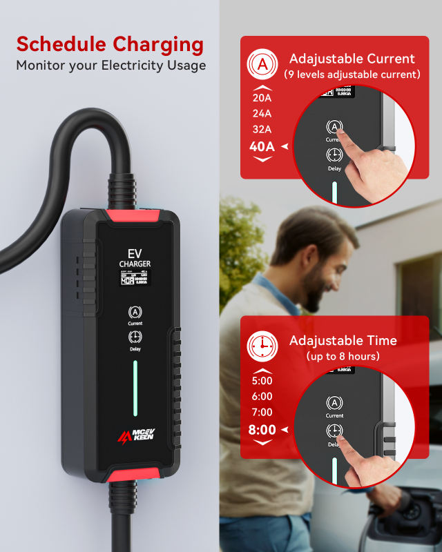 MCEVKELN EV Charger Level 2 40A - J1772 Plug Nema 14-50P |25 feet Cable| Nema 5-15P to 14-50R Adapter|Portable Home Charging Station| borne de Recharge véhicule électrique niveau 2