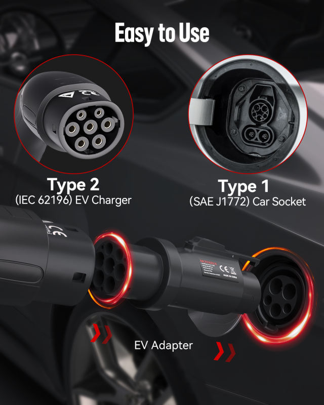 MCEVKELN EV Charging Cable Adapter 32A Type 2 Male to Type 1 Female Electric Vehicle Charger Converter for Car Charging Stations, IEC62196 to SAE J1772
