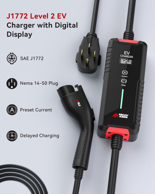 MCEVKELN EV Charger Level 2 40A - J1772 Plug Nema 14-50P |25 feet Cable| Nema 5-15P to 14-50R Adapter|Portable Home Charging Station| borne de Recharge véhicule électrique niveau 2