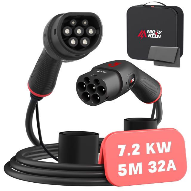 MCEVKELN Type 2 to Type 2 EV Charging Cable - Electric Vehicle Car Charger Type 2| 3 Phase | 480V | IP55 | 5m Cable | Compatible with All IEC62196-2 e.g. Charger Tesla Model 3/X/Y/S | BYD Atto 3