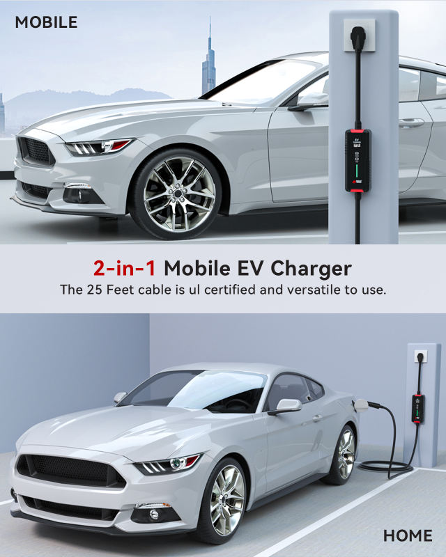 MCEVKELN EV Charger Level 2 40A - J1772 Plug Nema 14-50P |25 feet Cable| Nema 5-15P to 14-50R Adapter|Portable Home Charging Station| borne de Recharge véhicule électrique niveau 2