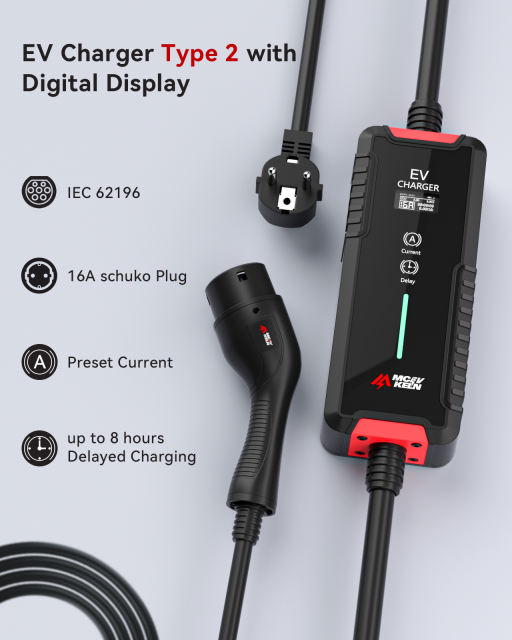 MCEVKELN Portable Type 2 EV Charger 3.6KW with Schuko, Switchable Current 6-16A, IP65 5M EV Charging Cable Type 2, IEC 62196-2 EVSE with Carry Bag