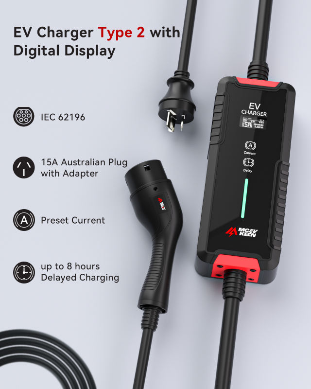 MCEVKELN Type 2 EV Charger- 10A/15A EV Charging Cable with Australian 15 A Plug|10A Adapter |Scheduled Charging|5M| Compatible with All IEC62196 EV, Tesla/BYD/MG/Cupra/Polestar
