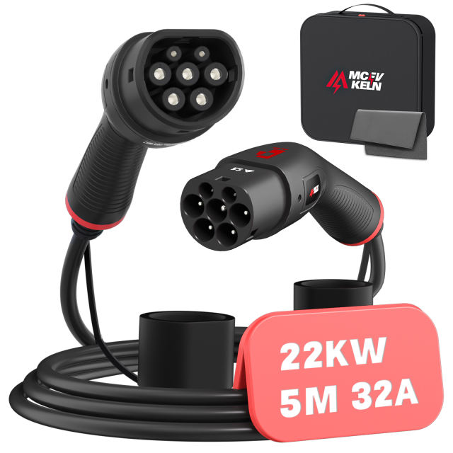 MCEVKELN Type 2 to Type 2 EV Charging Cable - Electric Vehicle Car Charger Type 2| 3 Phase | 480V | IP55 | 5m Cable | Compatible with All IEC62196-2 e.g. Charger Tesla Model 3/X/Y/S | BYD Atto 3